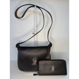 Coach Disney Collaboration Black Leather Shoulder Bag Purse Charm & Wallet✨